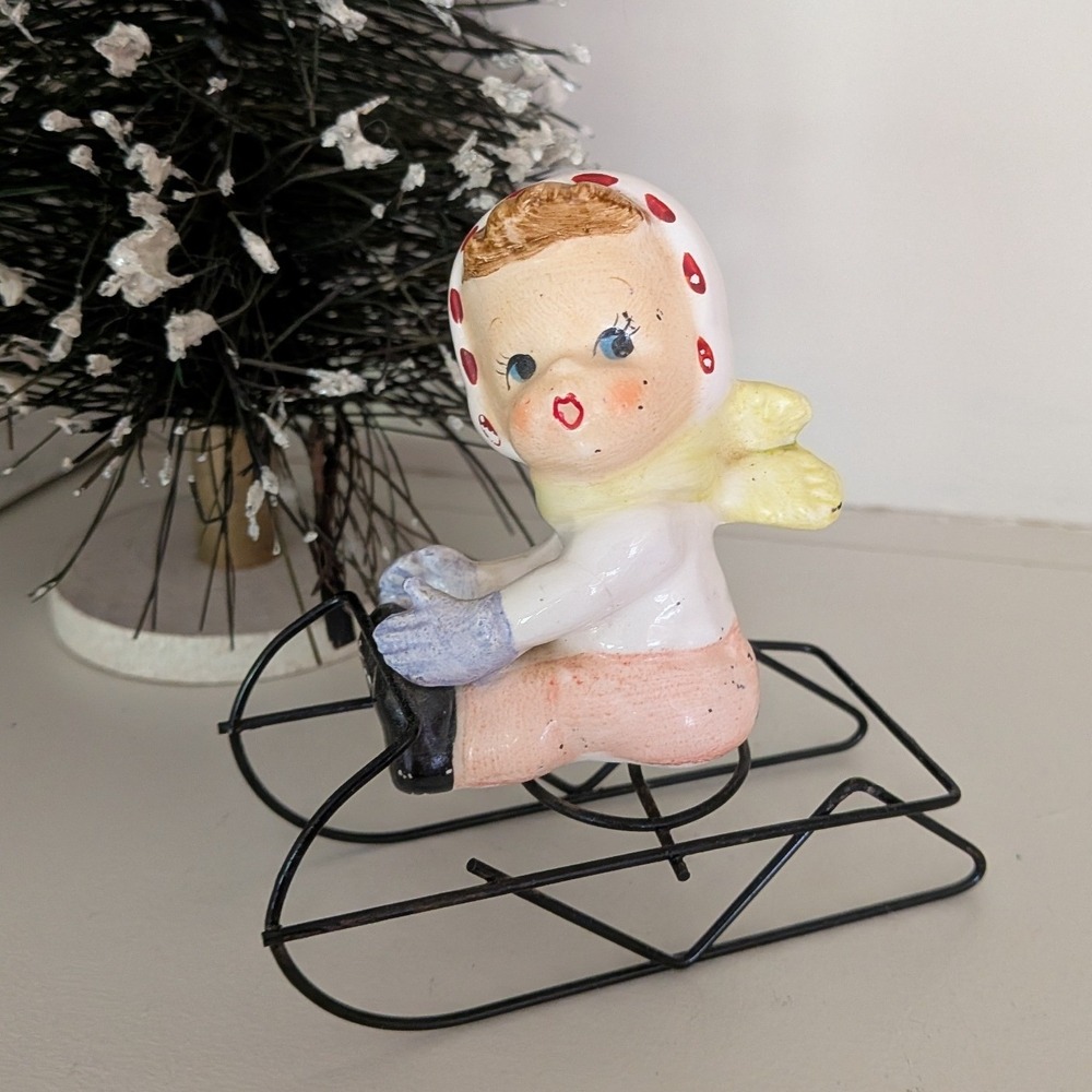 Rare‎ Vintage Enesco Japan Ceramic Girl on Metal Sled Figurine Christmas Kitsch